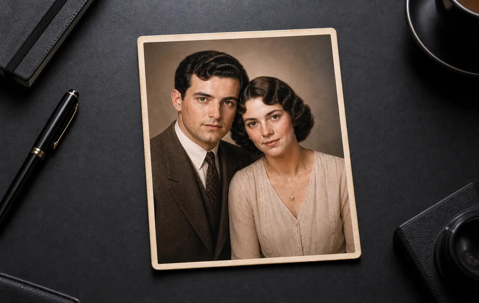 After: A faded, damaged print restored with repaired scratches, clearer faces and recovered color.