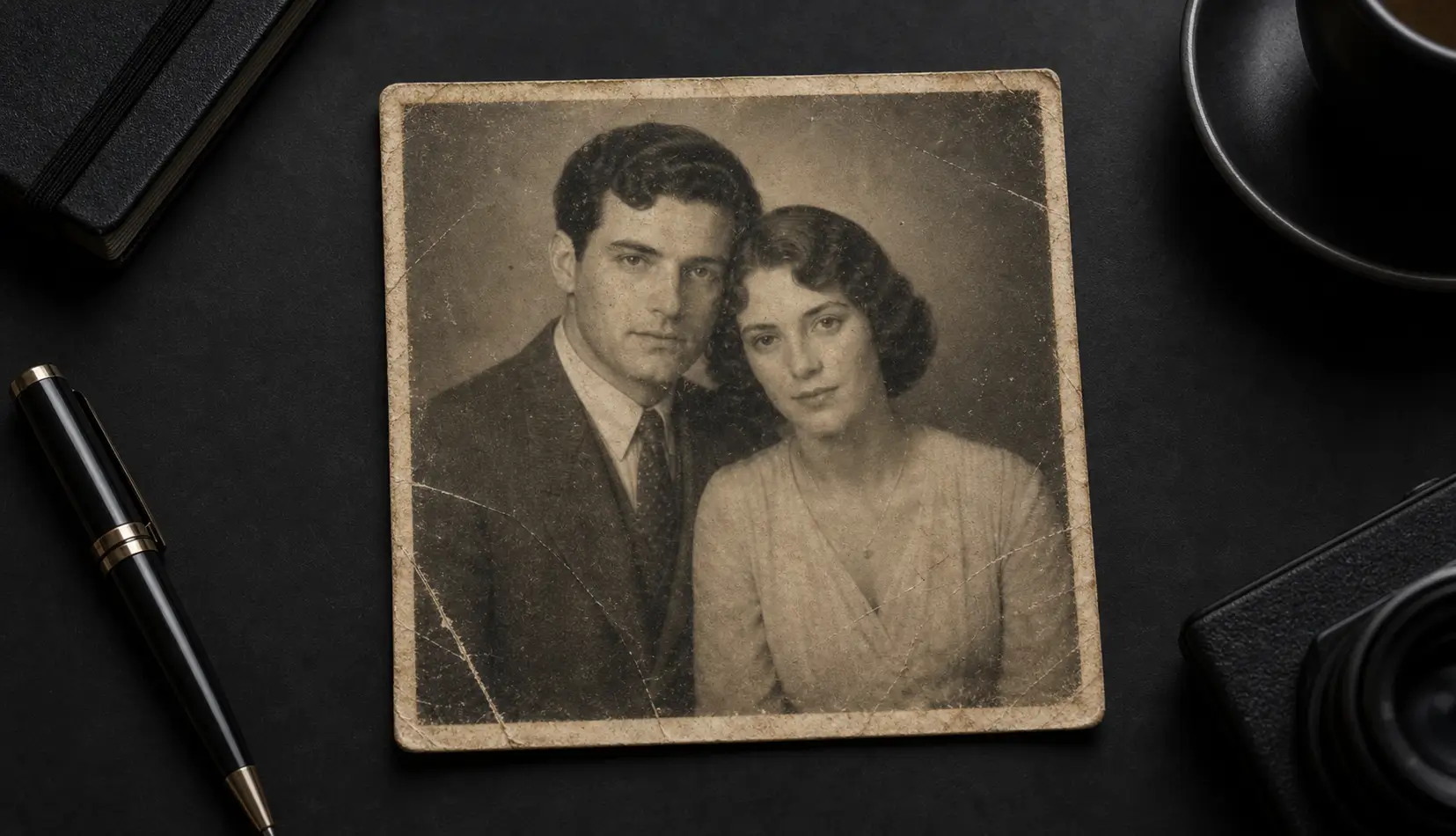 Before: A faded, damaged print restored with repaired scratches, clearer faces and recovered color.